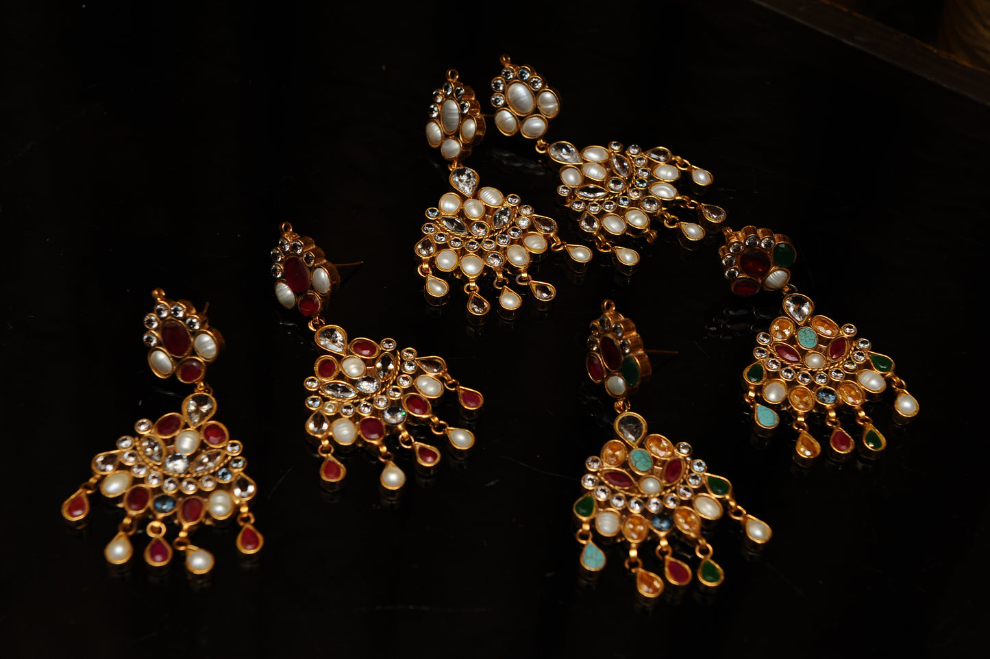 Gem Cascade Quartet Earrings-Kundan