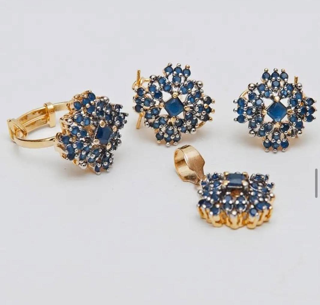 Gold-Plated Pendant Set with Blue Accents (Earrings + Pendant + Ring)