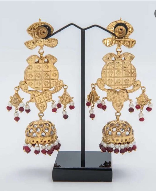 2K Gold-Plated Handmade Kundan Jhumkas (Ruby Crystals)