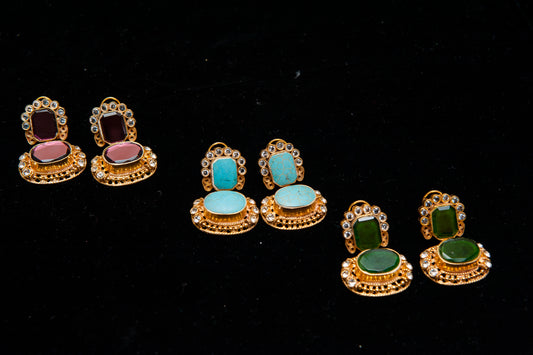 Gem Duet Trio Earrings-Kundan
