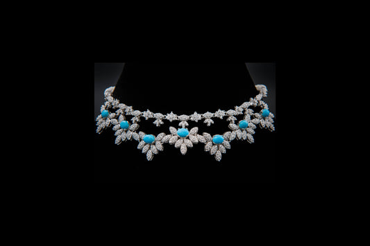 Ornate necklace with turquoise stones on a black background