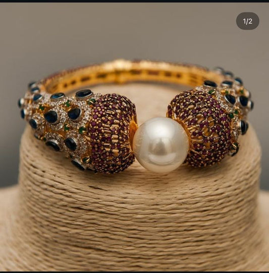 Sterling Silver Handmade Bangle with Ruby, Emerald & Pearls, 22K Gold Polish