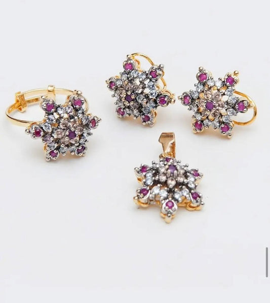 Gold-Plated Pendant Set with Purple Accents (Earrings + Pendant + Ring)