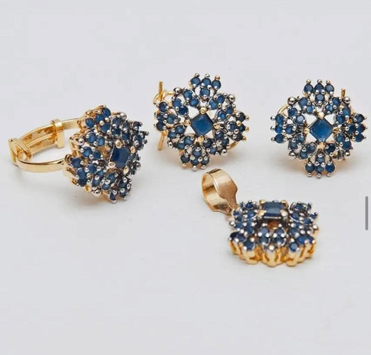 Gold-Plated Pendant Set with Blue Accents (Earrings + Pendant + Ring)
