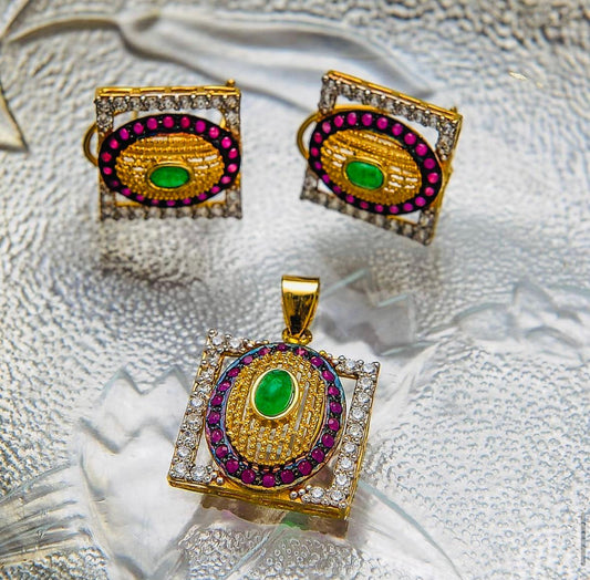 Sterling Silver Gold-Plated Locket Set (Pink and Green stones)