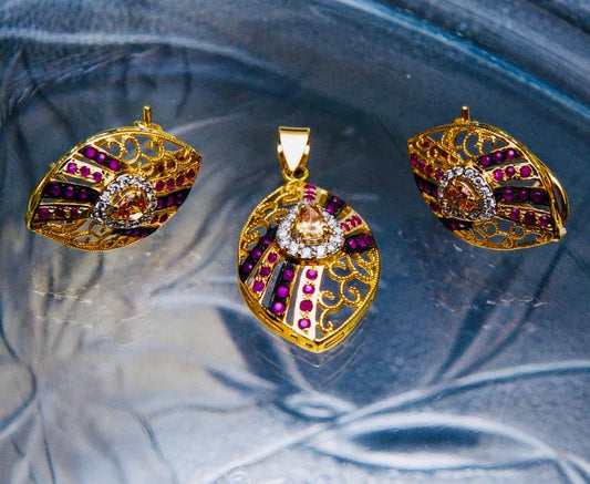 Gold-Plated Locket Set with Yellow & Pink Stones
