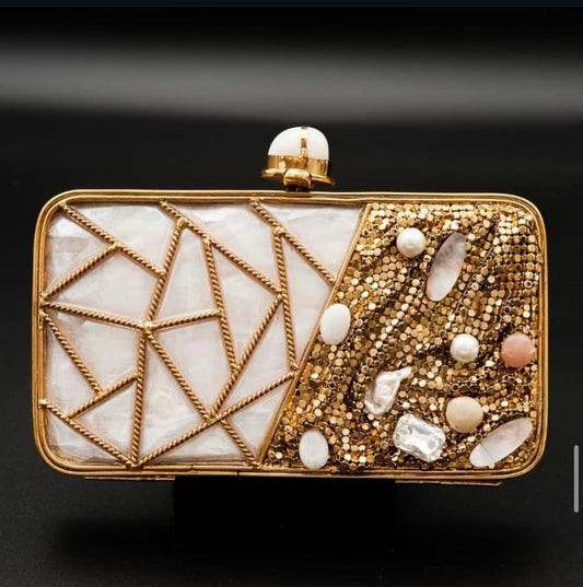 Gold-Plated Bridal Clutch with Shell, Net & Bead Detailing