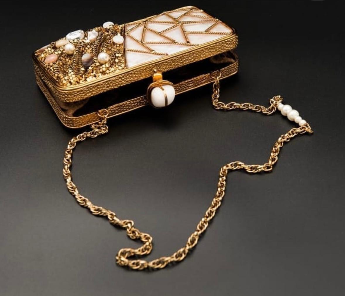 Gold-Plated Bridal Clutch with Shell, Net & Bead Detailing