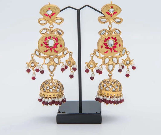 2K Gold-Plated Handmade Kundan Jhumkas (Ruby Crystals)