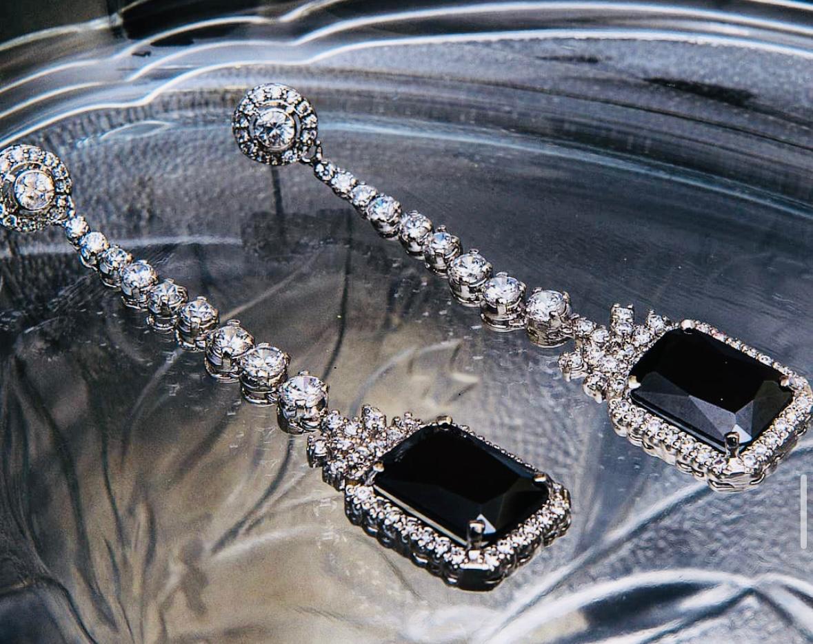 Sterling Silver Long Earrings with Black Stones