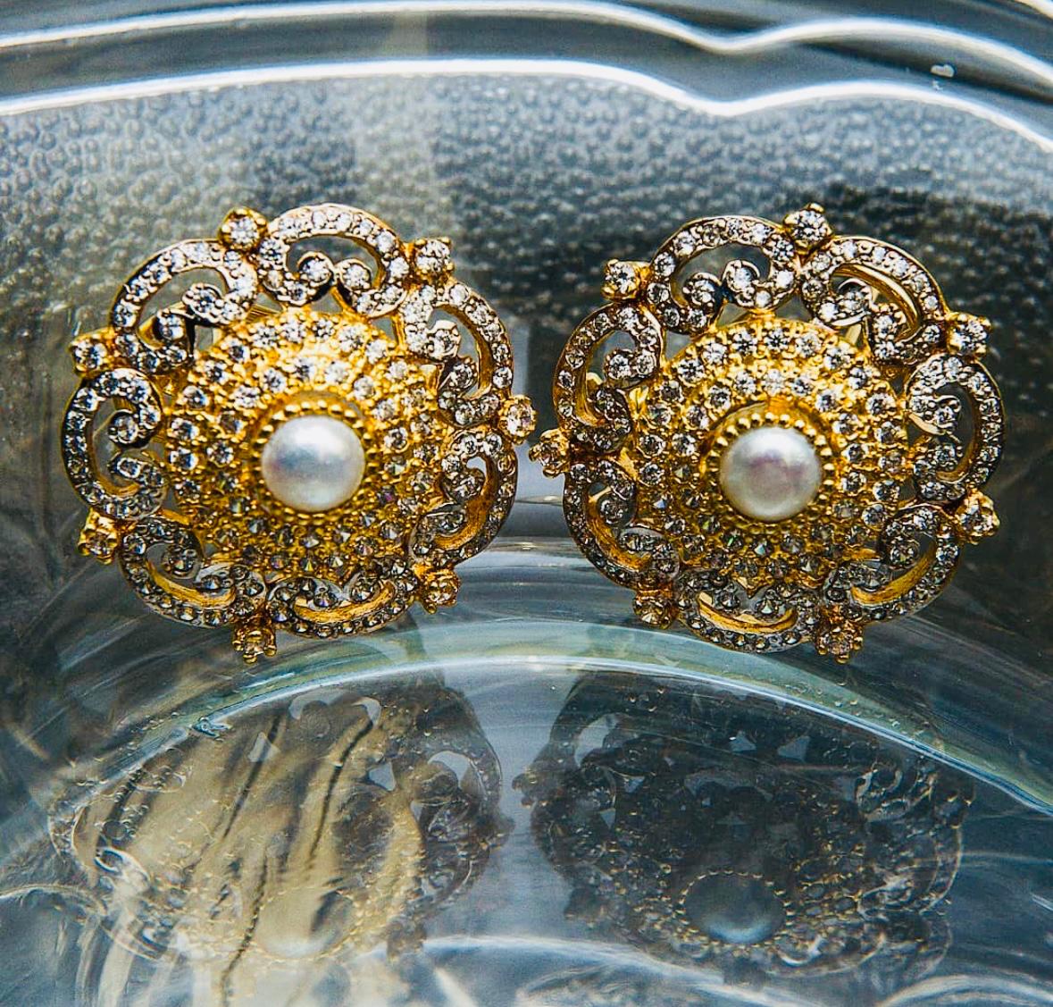 Sterling Silver Gold-Plated Pearl Studs – Floral Design