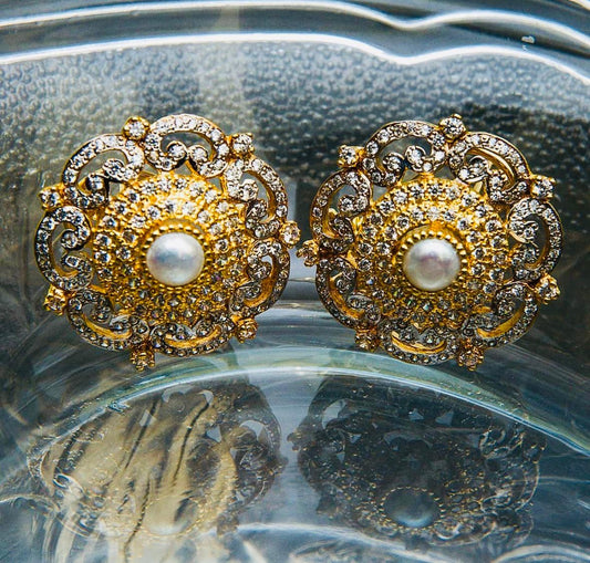 Sterling Silver Gold-Plated Pearl Studs – Floral Design