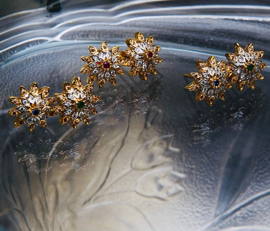 Sterling Silver Gold-Plated Floral Ear Studs – 3 Pairs